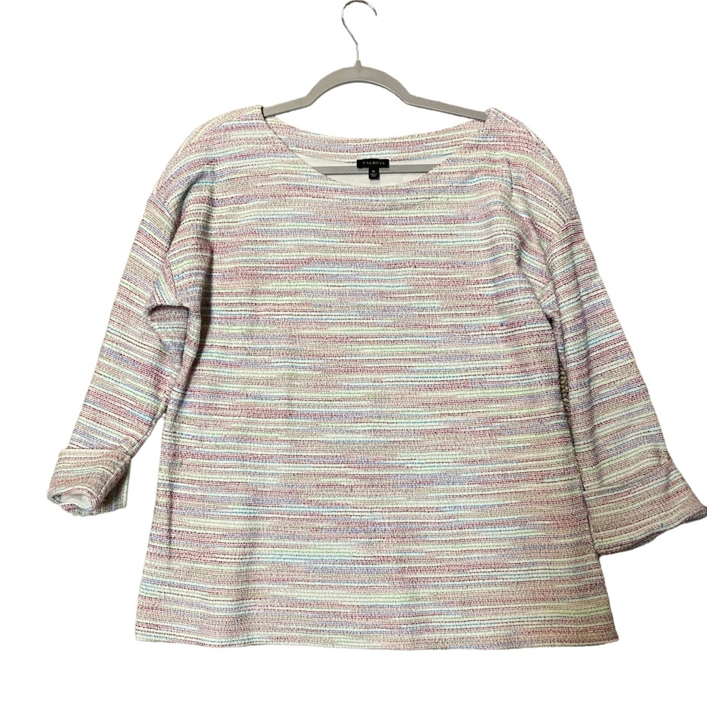 Talbots Multi Color White Knit Top with Cuff Sleeves Size M